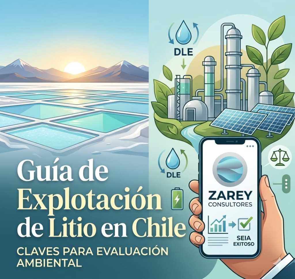 Una ilustración de estilo moderno dividida que muestra a la izquierda un amanecer sobre las piscinas de salmuera turquesas en un salar chileno con las montañas de los Andes al fondo. A la derecha, se muestra una instalación de procesamiento de litio industrial limpia rodeada de hojas verdes y paneles solares, con iconos de DLE (Extracción Directa de Litio) y baterías. En la parte inferior, una mano sostiene un smartphone con el logotipo de Zarey Consultores y gráficos que indican una evaluación SEIA exitosa. El texto de la portada superpuesto dice: "Guía de Explotación de Litio en Chile: CLAVES PARA EVALUACIÓN AMBIENTAL".