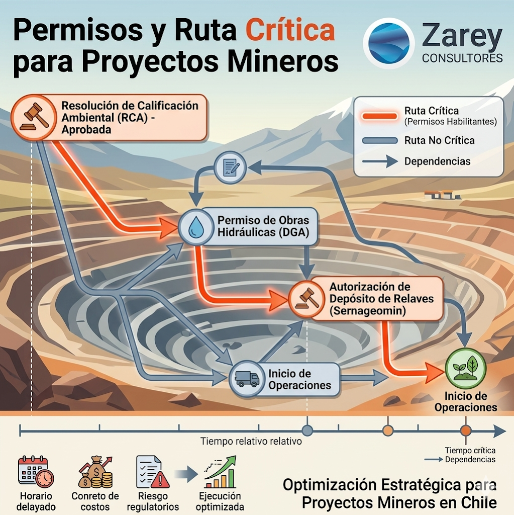 Infografía de la ruta crítica de permisos mineros en Chile para Zarey Consultores, detallando dependencias de RCA y permisos sectoriales.
