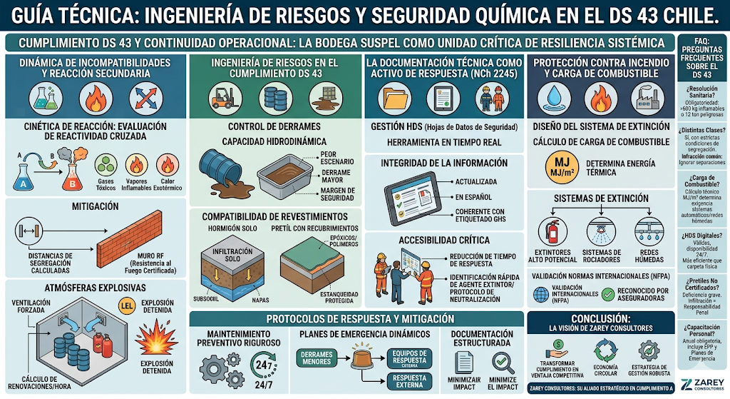 Infografía técnica detallada sobre el cumplimiento DS 43: Guía de Ingeniería de Riesgos y Seguridad Química para Almacenamiento de Sustancias Peligrosas en Chile con Zarey Consultores.