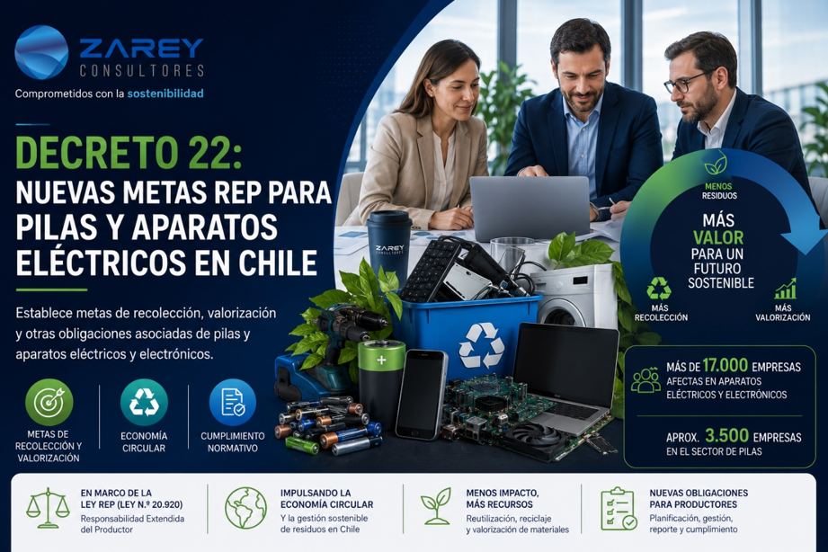 Infografía de Zarey Consultores sobre el Decreto 22 en Chile, que detalla las nuevas metas de la Ley REP para la recolección y valorización de pilas y aparatos eléctricos y electrónicos, destacando el impacto en empresas y la economía circular.